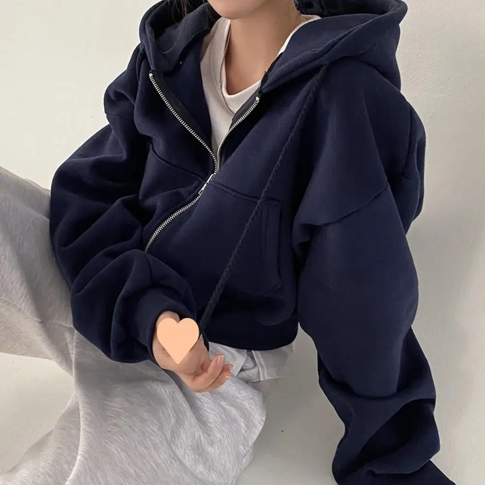 Women Hoodies 2023 Autumn Retro Solid Color Zip Up Oversized Sweatshirts Harajuku Korean Version Long Sleeve Hooded Jackets Coat