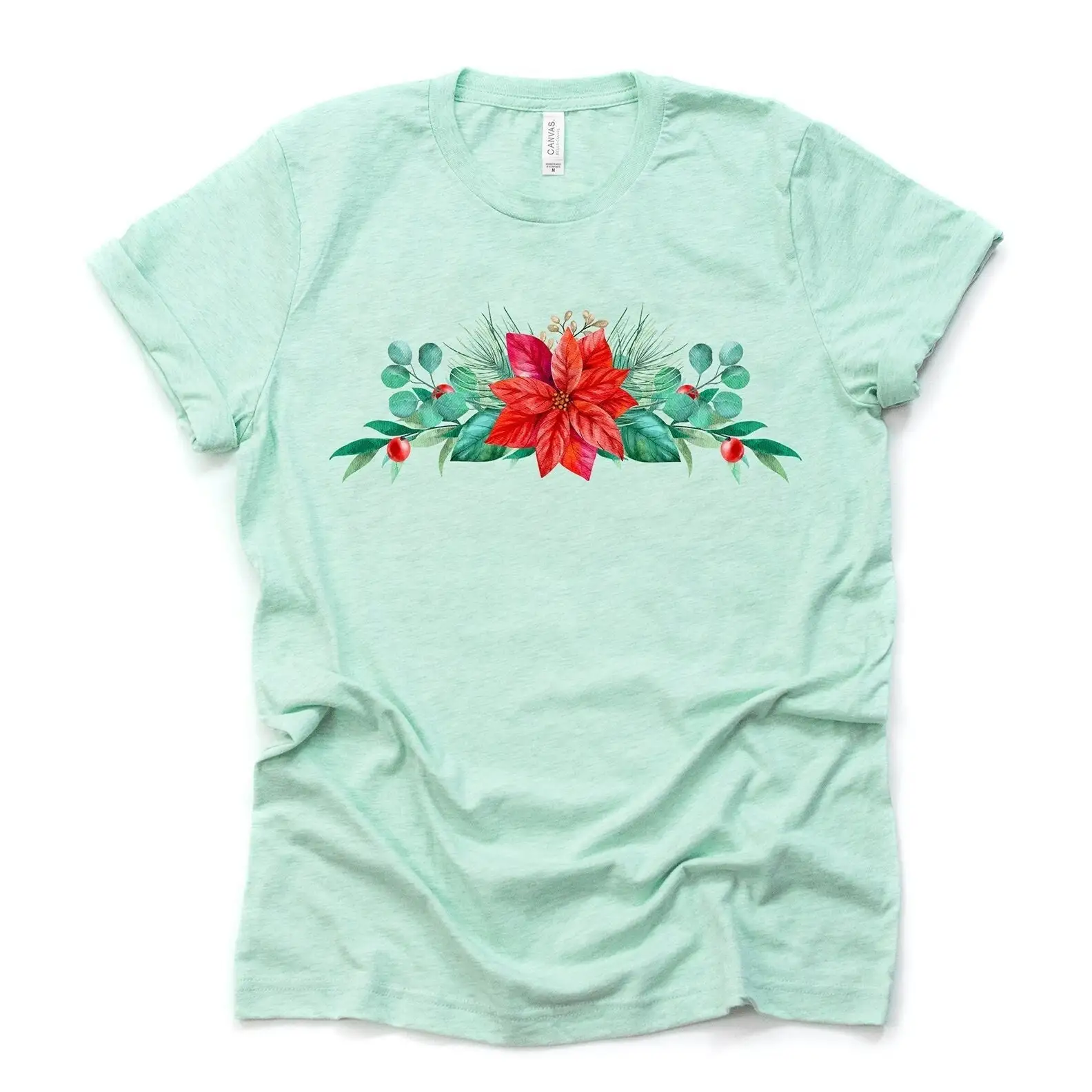 Christmas T Shirt Pretty Watercolor Poinsettia Design Premium Unisex 3 Color Choices Plus Size 3X 4X