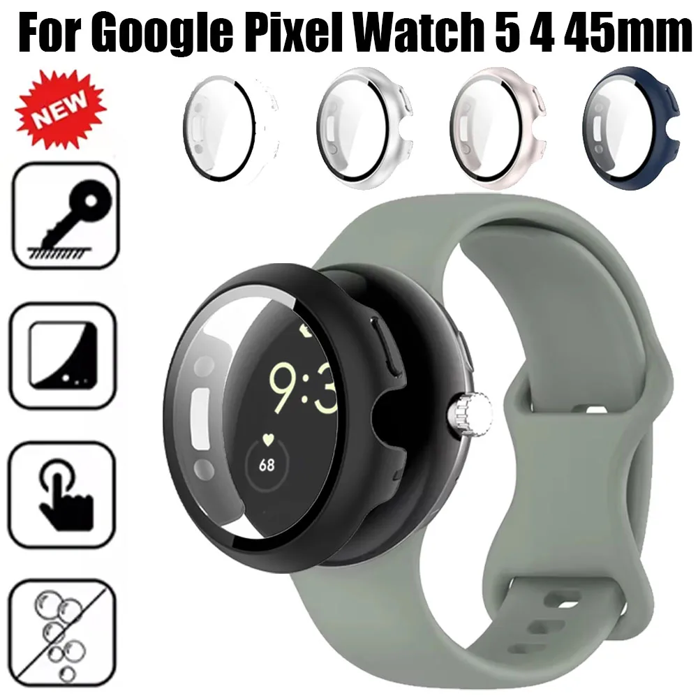 PC Case+HD Tempered Glass for Google Pixel Watch 5 4 45mm Omni-Directional Protective Shell Cover for Pixel Watch 5 4 41mm Cover