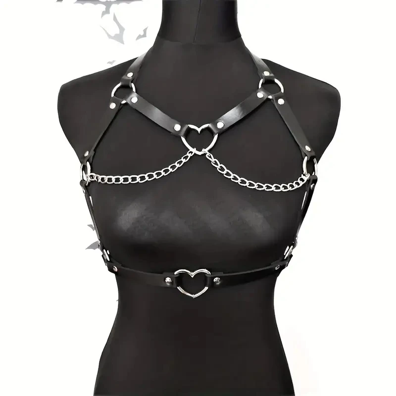 

CEA Sexy Woman Love-Ring Faux Harness Bra Bondage Body Bdsm Rave Gothic Chain Suspenders Garter Belt Goth Y2K Belt Party