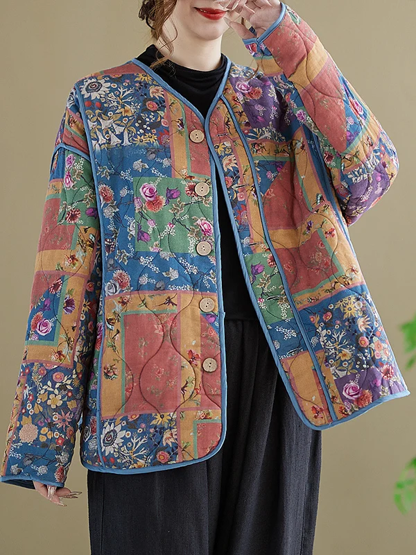 Retro Print Cotton Linen Loose Casual Women's Jaet Lightweight Diamond Pattern Cotton Coat V-ne Long Sve Winter Outerwear