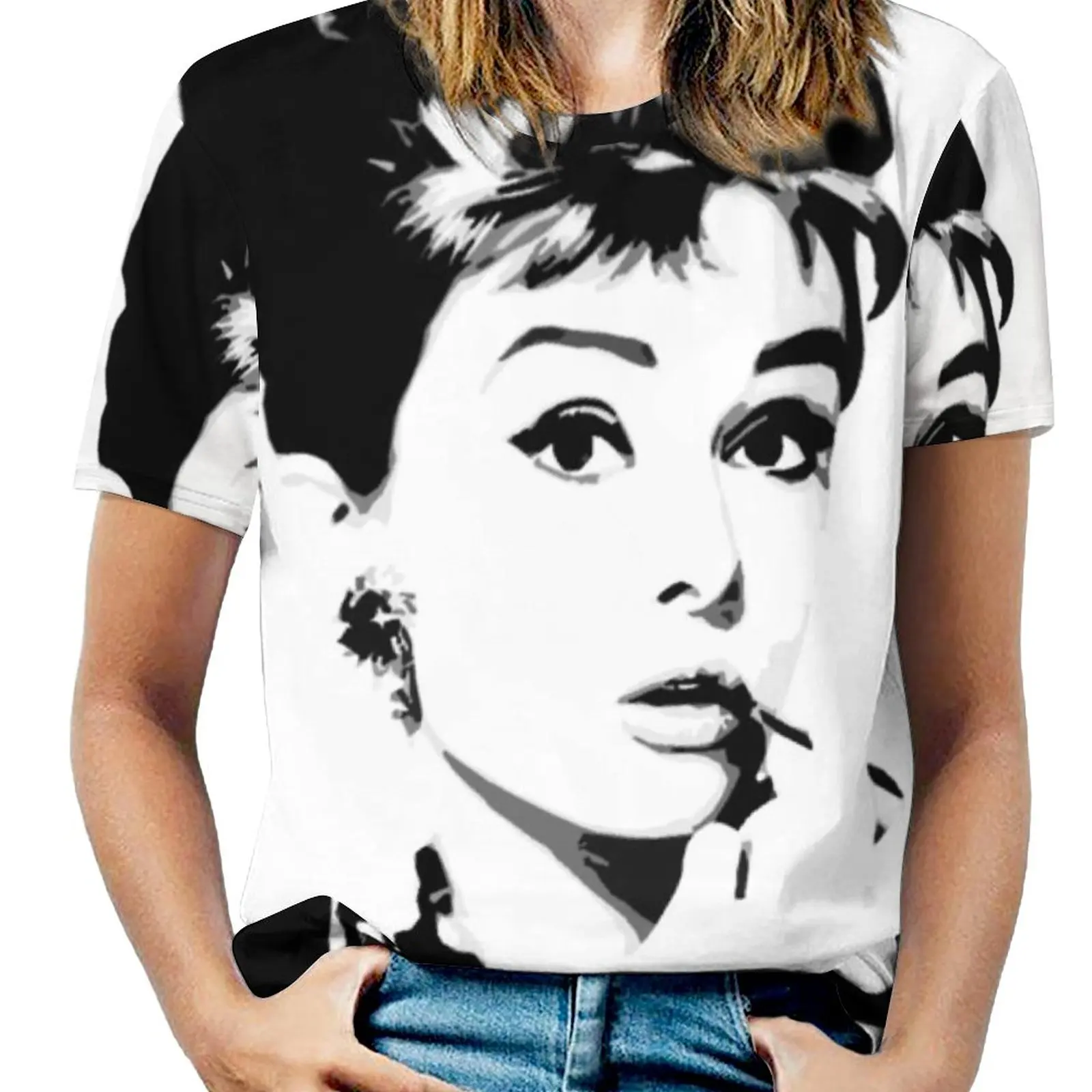 Audrey Hepburn Portrait Art Woman'S T-Shirt Spring And Summer Printed T Shirts Crew Neck Pullover Top Audrey Hepburn Black And