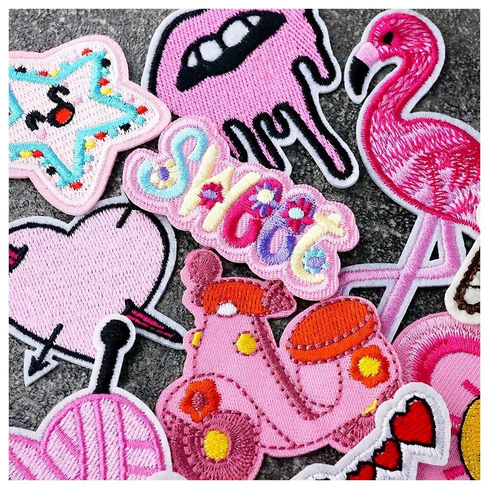 20Pcs/Lot Pink Swet Flamingo Iron on Patches Cloth Embroidered Applique Sewing Clothes Apparel Accessories Patch