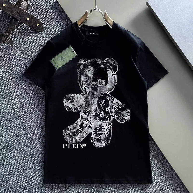 Alex Plein Rhinestones Teddybear Crystals Men\'s Fashion Clothing Couple Streetwear 2023Summer Cotton Shortsleeve Crewneck Tshirt