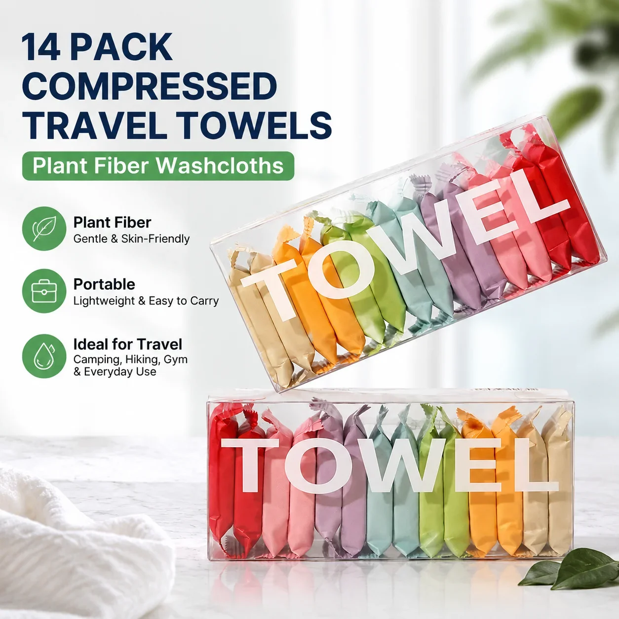 14 Pack Compressed Travel Towels Plant Fiber Portable Face Cleansing Washcloths for Camping