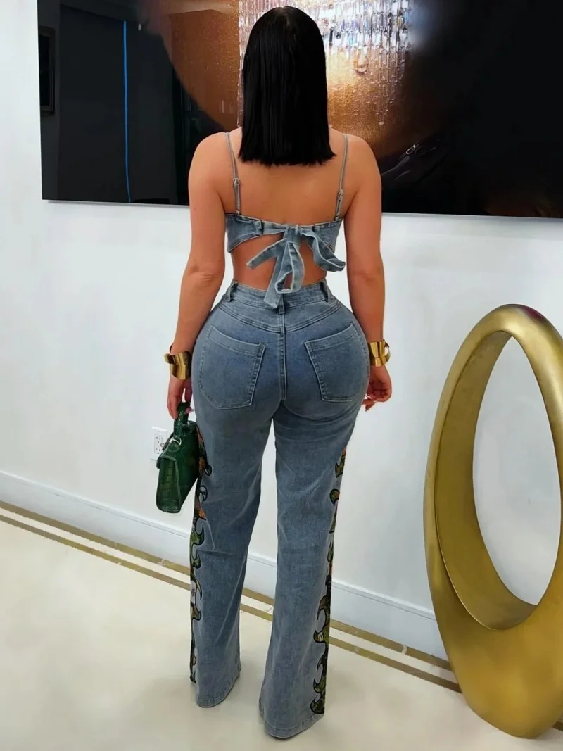 Streetwear Stickerei Denim Spaghetti Strap Weste Top Gerade Jeans Hose Sets Weibliche Casual Denim Hosen 2-teiliges Set Frauen Outfit
