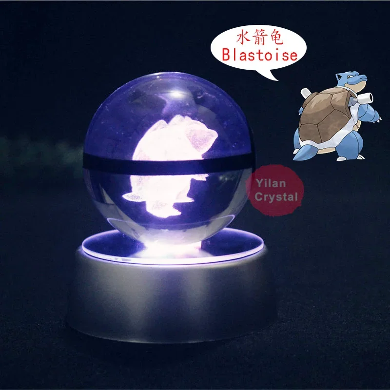 Pokemon Anime Figure Models Pokeball Clear 3D Engraving Chikorita Crystal Ball with LED Light