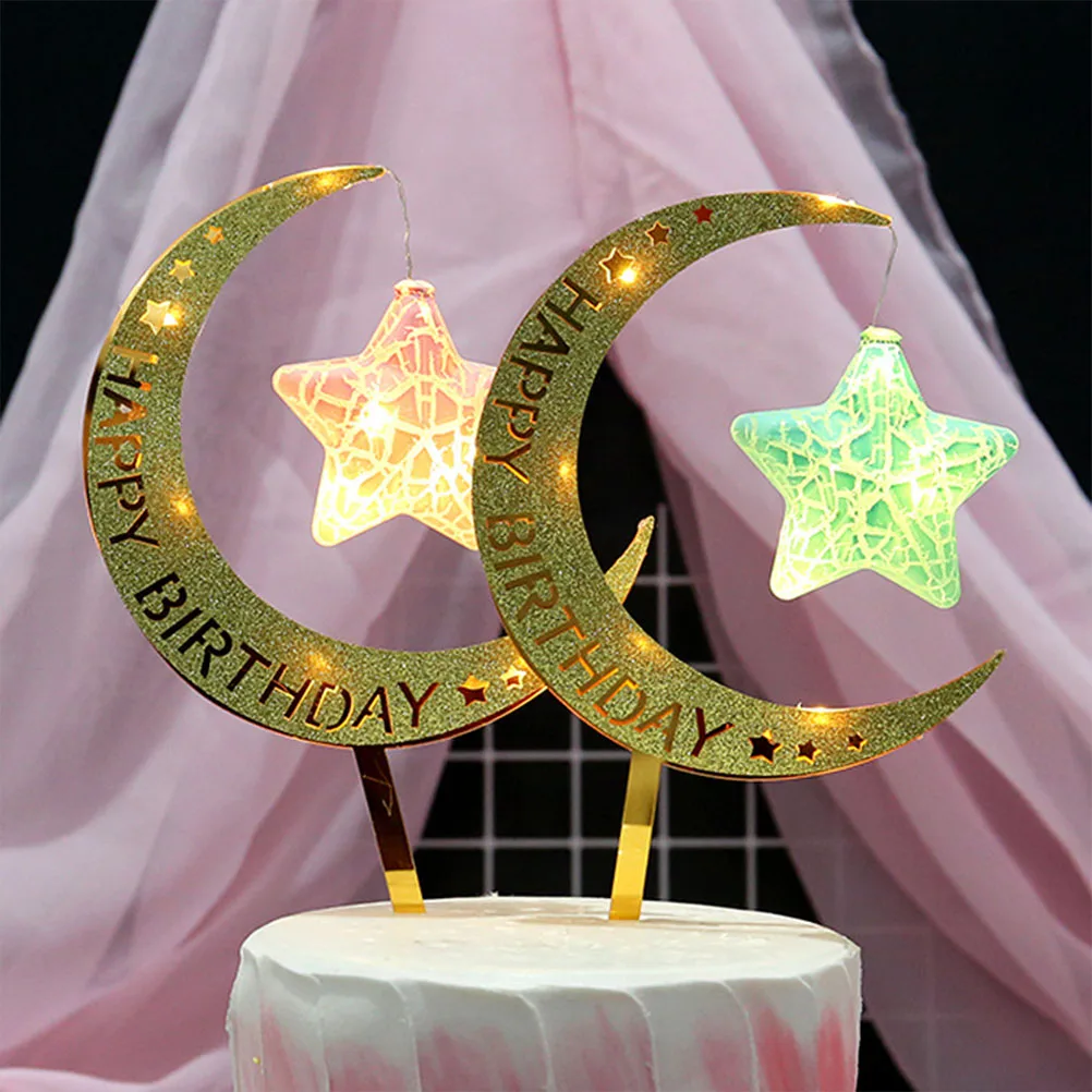 

Shaped Luminous Cake Toppers Moon Star Lights Birthday Party Cupcake Decorations Baking Dessert Inserts Glowing Cake Picks Blue