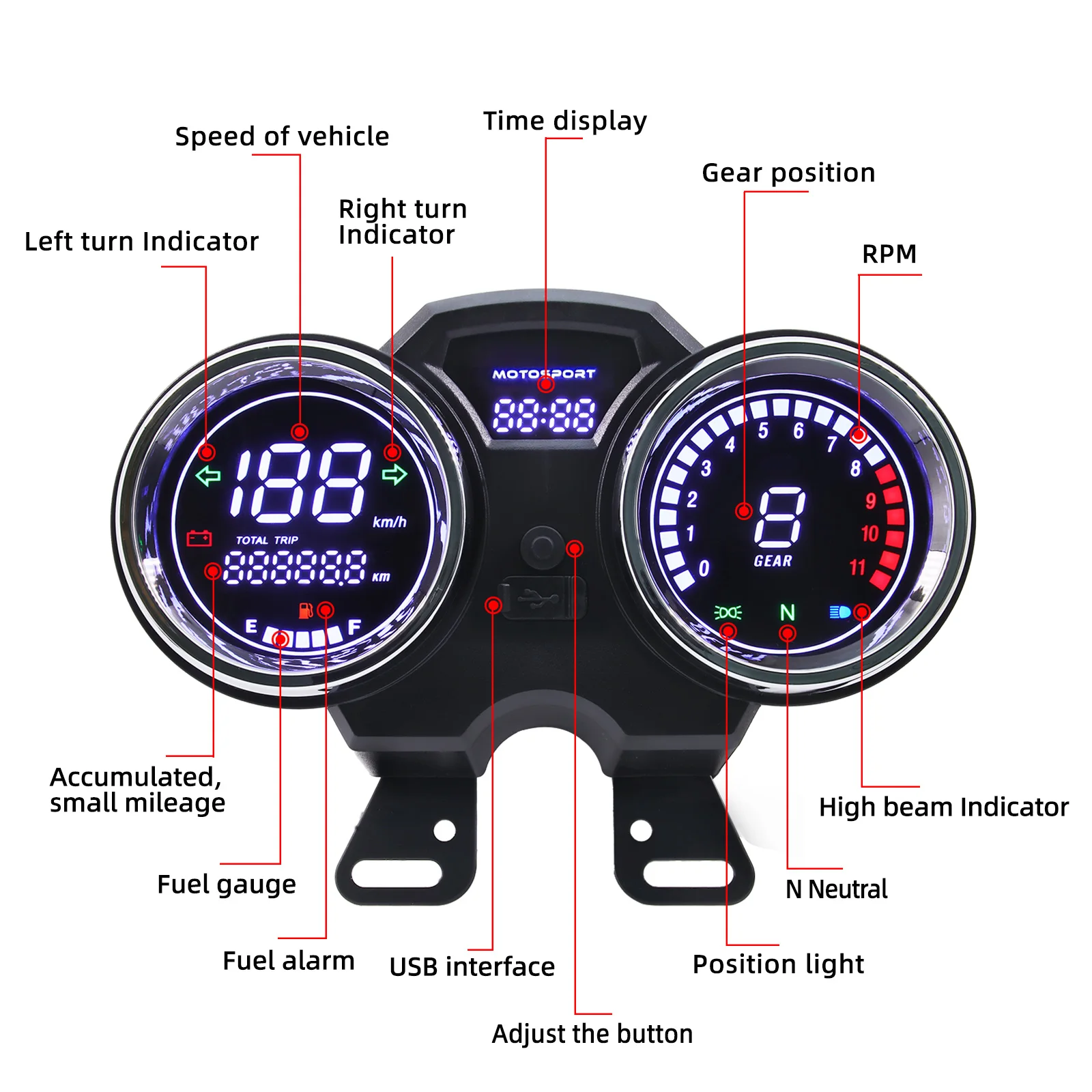 AD Motorcycle Digital Board Universal LCD Odometer Speedometer Meter Instrument Moto Dashboard Hour Counter Tachometer with Gear