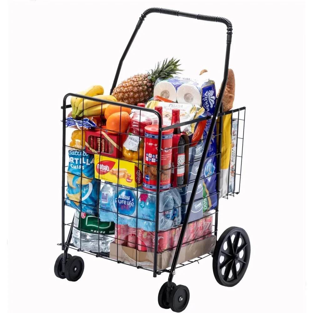 Carrito de compras plegable Jumbo, carrito de compras plegable con cesta doble y ruedas de 360 grados, carrito de utilidad