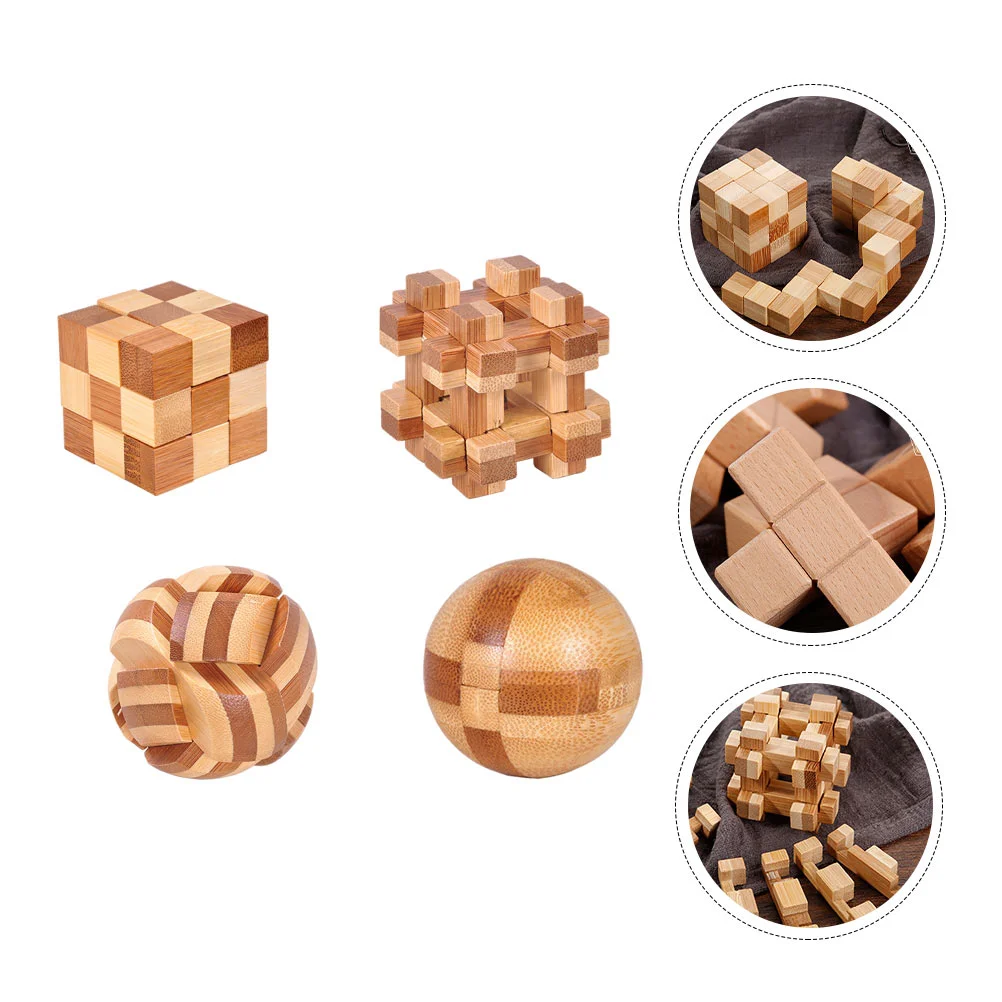 Luban Lock D Braincing aser Kongming Toy Puzzle for Kids, Brown Unlock, Bamboo Unlock Game, 4 Pcs