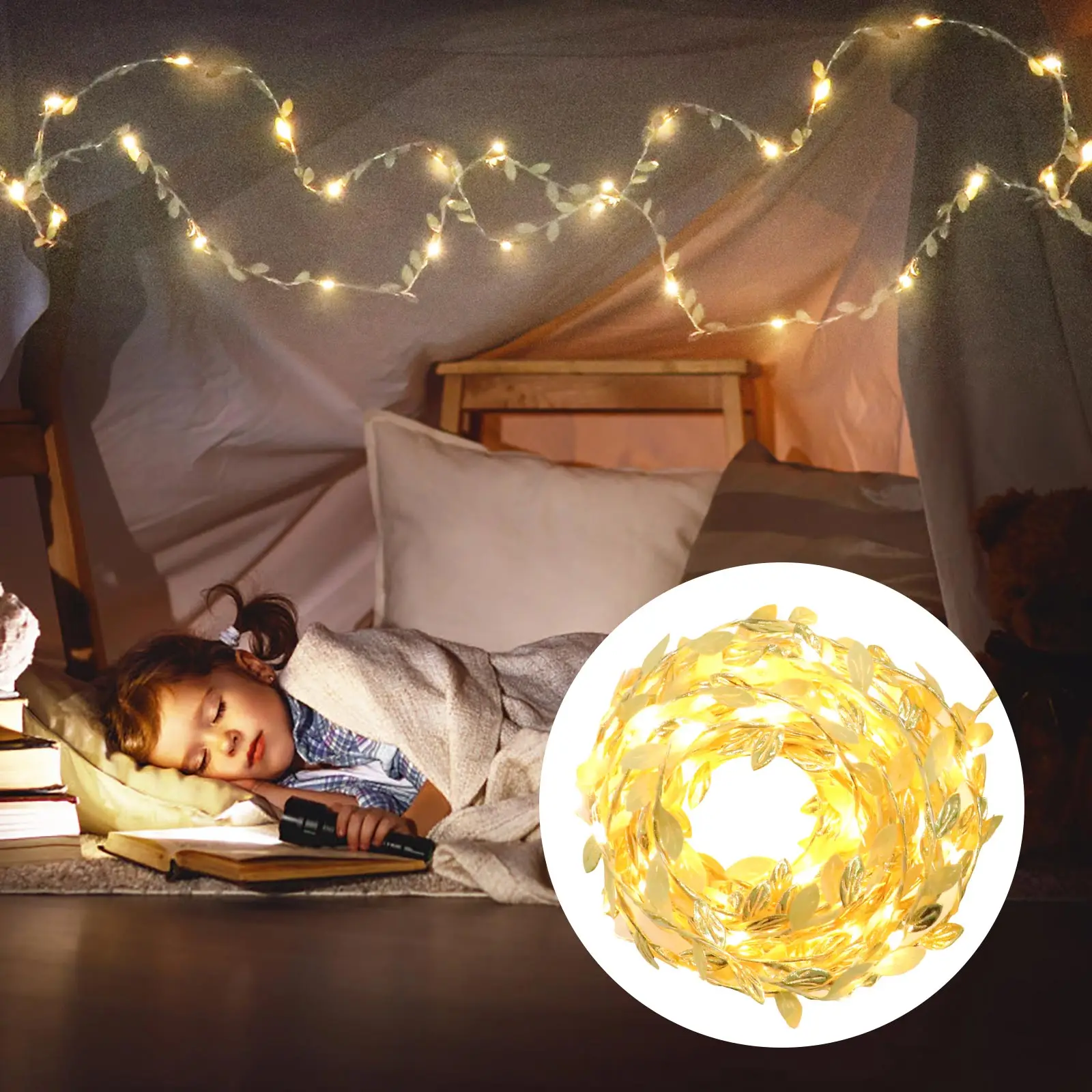 

1pc Christmas Led Decorative Lights Golden Powered Rattan String Garden Yard Fence Patio Decoration Leaf Vine Lamp