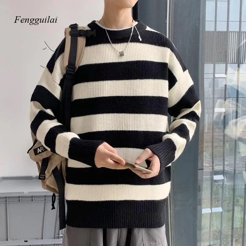 Autumn Winter Knitted Striped Sweater Men Casual Oversized Pullovers Sweaters Loose Warm Jumper Streetwear Teen Knitwear