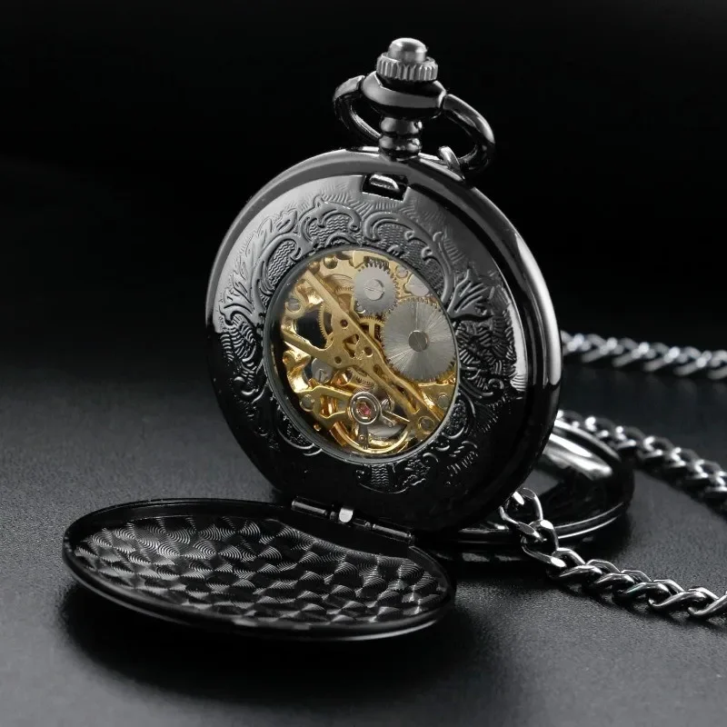 Men's double-open case black wings design mechanical pocket watch, skull case Roman digital mechanical pocket watch