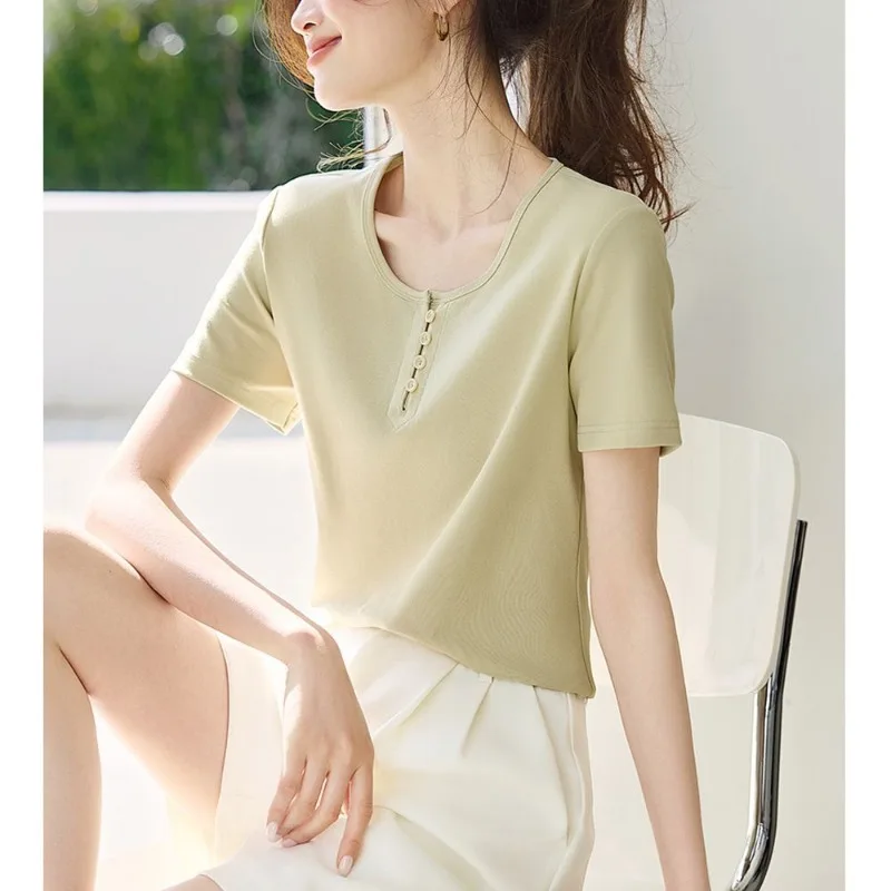 

Women Clothes Summer Fashion Korean Button Solid Color O-neck Ladies Simplicity Temperament Appear Thin Short Sleeve Cardigan