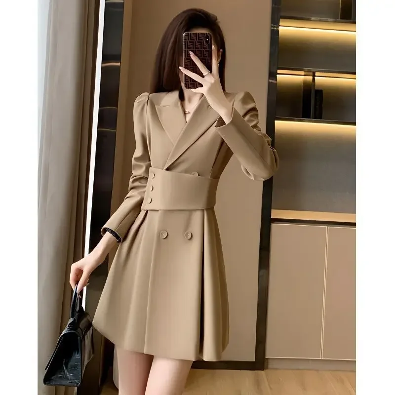 Dress2024 New Women's Spring Wardrobe Slimming Smooth French Style Tweed Suit Dress Early Autumn Waist Tied Shirt Dress