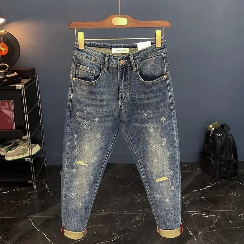 

Man Fashion Trendy Brand Blue Jeans Men's 2026 Summer New Korean Trend Slim-fitting Small Feet Casual Versatile Workwear Pants
