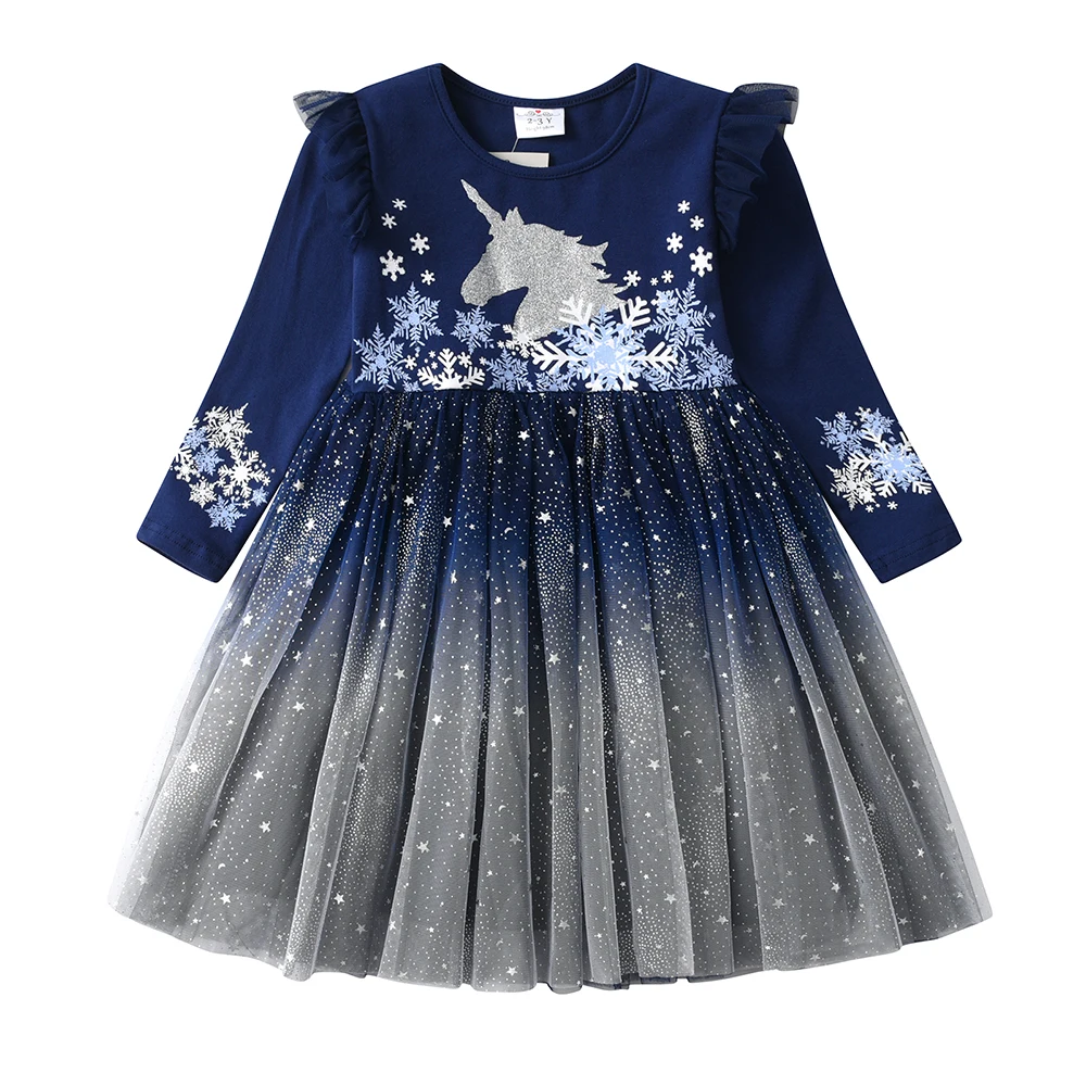 Dxton novas crianças vestido para meninas inverno natal crianças festa meninas vestidos unicórnio flocos de neve impresso bebê ano novo roupas