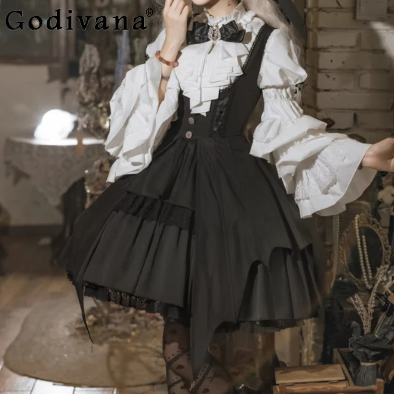 New Elegant Gothic High Waist Lolita Sleeveless Dresses Spring Autumn Dark Girl A-line Versatile Age Reduction Black Strap Dress