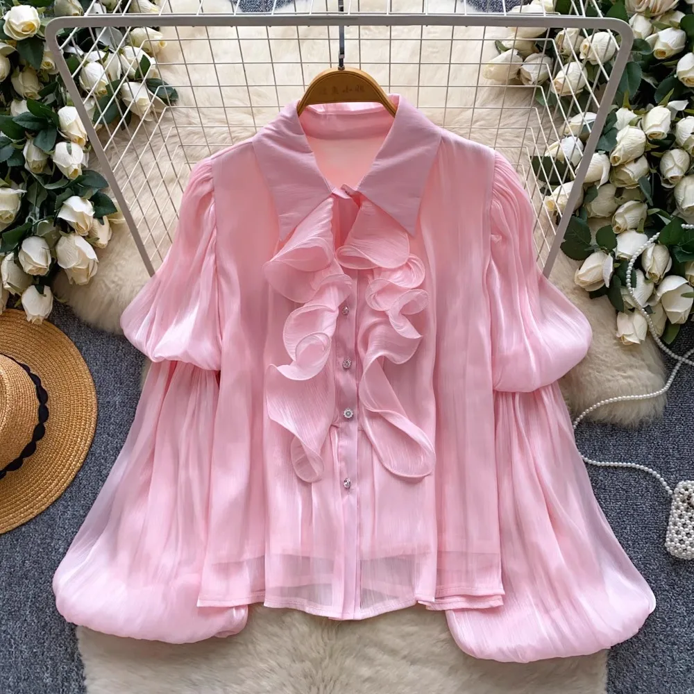 

Женская повседневная рубашка с длинными рукавами, рукава-фонарики, однотонная рубашка с оборками, элегантный топ, оптовая продажа женской одежды