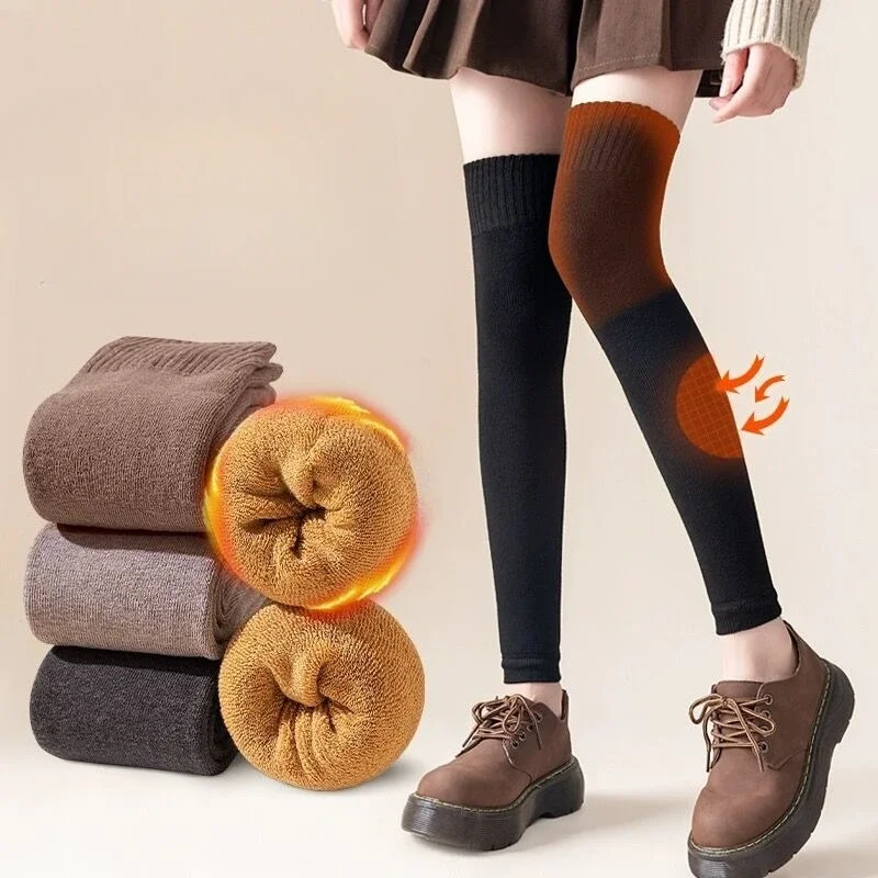 Autumn Winter Thick Woolen Yarn Thigh Stockings Warm Windproof Knee Protection Socks Outer Wear Women Daily Wear Accessories