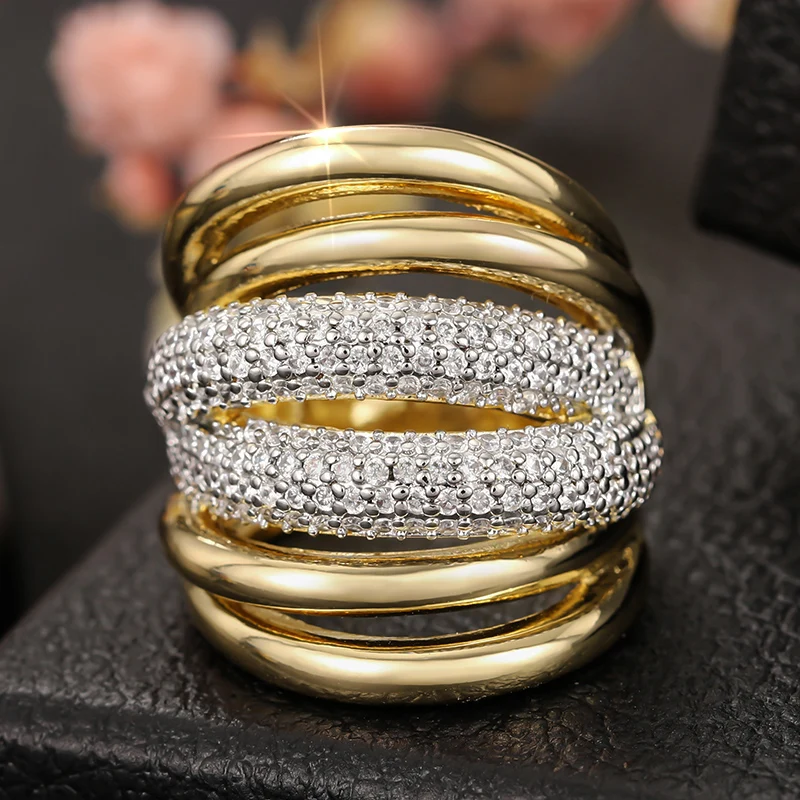 Huitan Irregular Multi-layer Rings for Women Luxury Two Tone Cubic Zirconia Rings Daily Wear Party Modern Fashion Female Jewelry