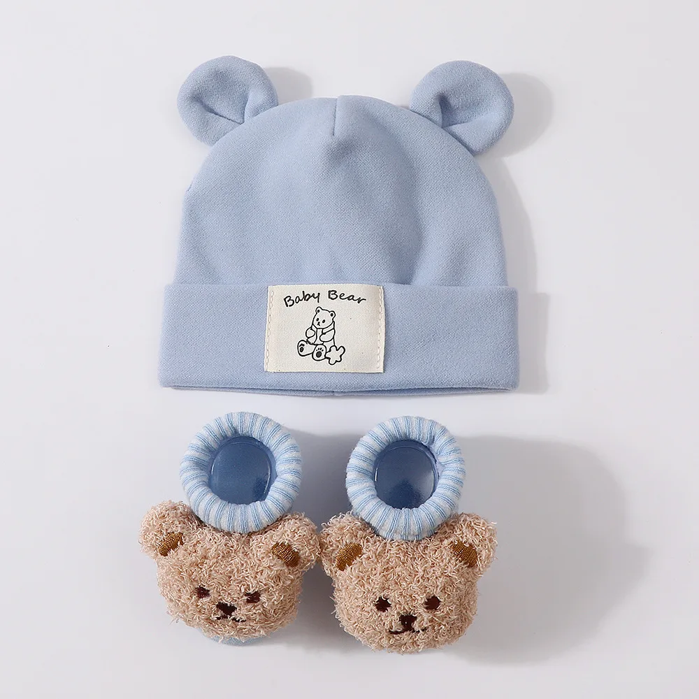 2-teiliges Set aus Bärenohren-Baby-Mütze und Stricksocken, Baumwolle, Neugeborenen-Kopftuch, Mützen, Herbst-Winter-Warm-Kinder-Pullover-Mütze, Baby-Accessoires – Detail 4
