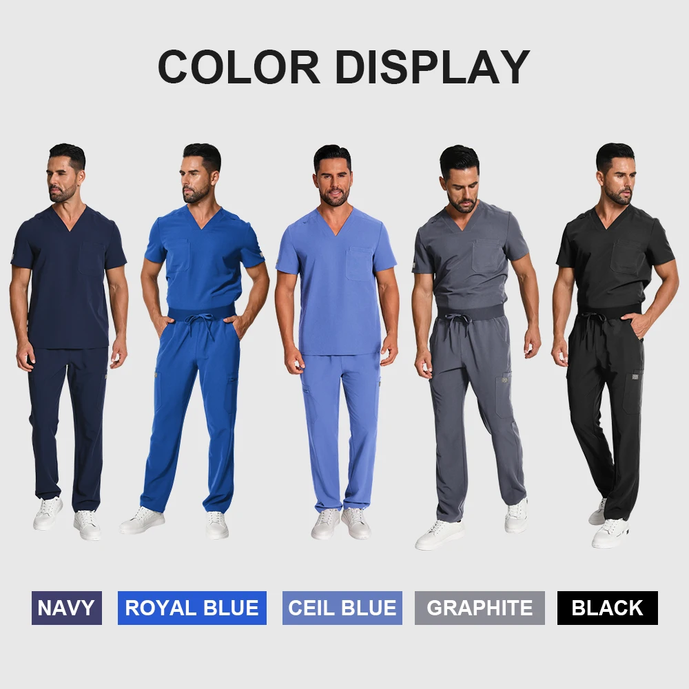 KUNGFU SCRUBS uniforme médical haut de gamme respirant TRS tissu vêtements de travail gommages d'allaitement pour hommes col en v ensemble de pantalons à manches courtes