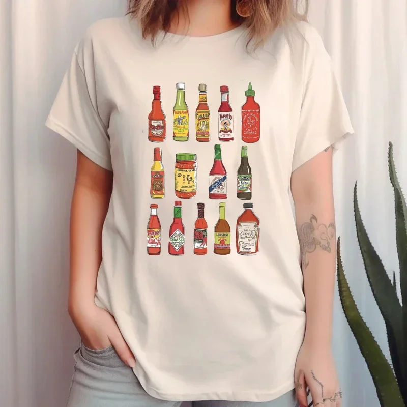 Hot Sauce Graphic T-Shirt Women Vintage Cute Funny Foodie T Shirt Short Sleeve Retro Tshirts Unisex Grunge Tops Humor Tees Gifts