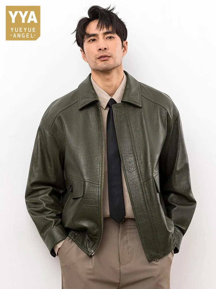 Fashion Men Business Work Real Sheepskin Genuine Leather Jacket Loose Fit Motorcycle Riding Coat Windproof Soft Leather Jacket
