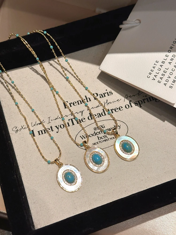Natürliche Türkis Oval Shell Anhänger Gold Farbe Kette Halskette Sexy Schlüsselbein Kette Trendy Schmuck Zubehör Für Frauen 2023 – Detail 13