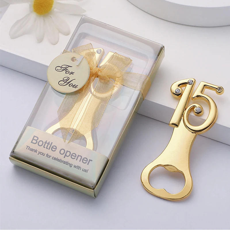 20pcs Boxes 15/40/50/60 More Anniversary Decoration Gifts Golden Bottle Opener for Birthday Wedding Anniversary Party Supplies