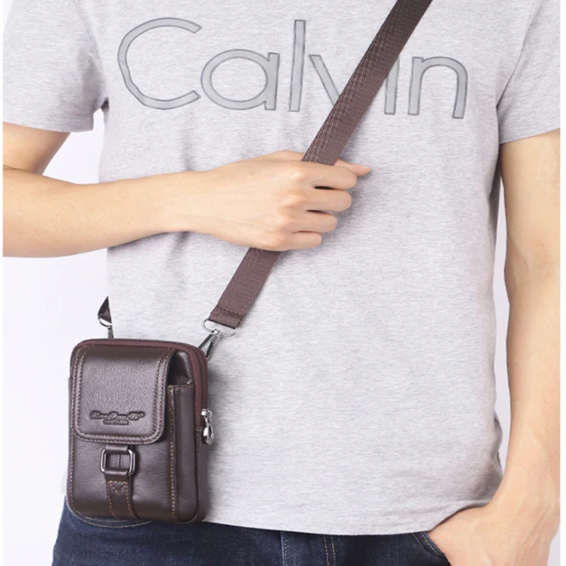 Men Genuine Leather Cell/Mobile Phone Case Cross body Waist Pack Hip Bum Bags Fashion Casual Male Belt Hook Messenger Bag