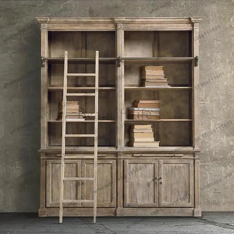FG40American oak combination bookcase, all solid wood weathered white belt ladder bookcase, small apartment furniture