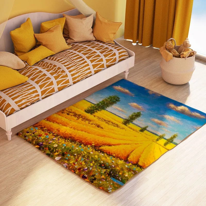 Reese Velvet Carpet Rug Living Room Bedside Beautiful Summer Landscape Wheat Field Cypress Trees Under Blue Sky Floor Decor Mats