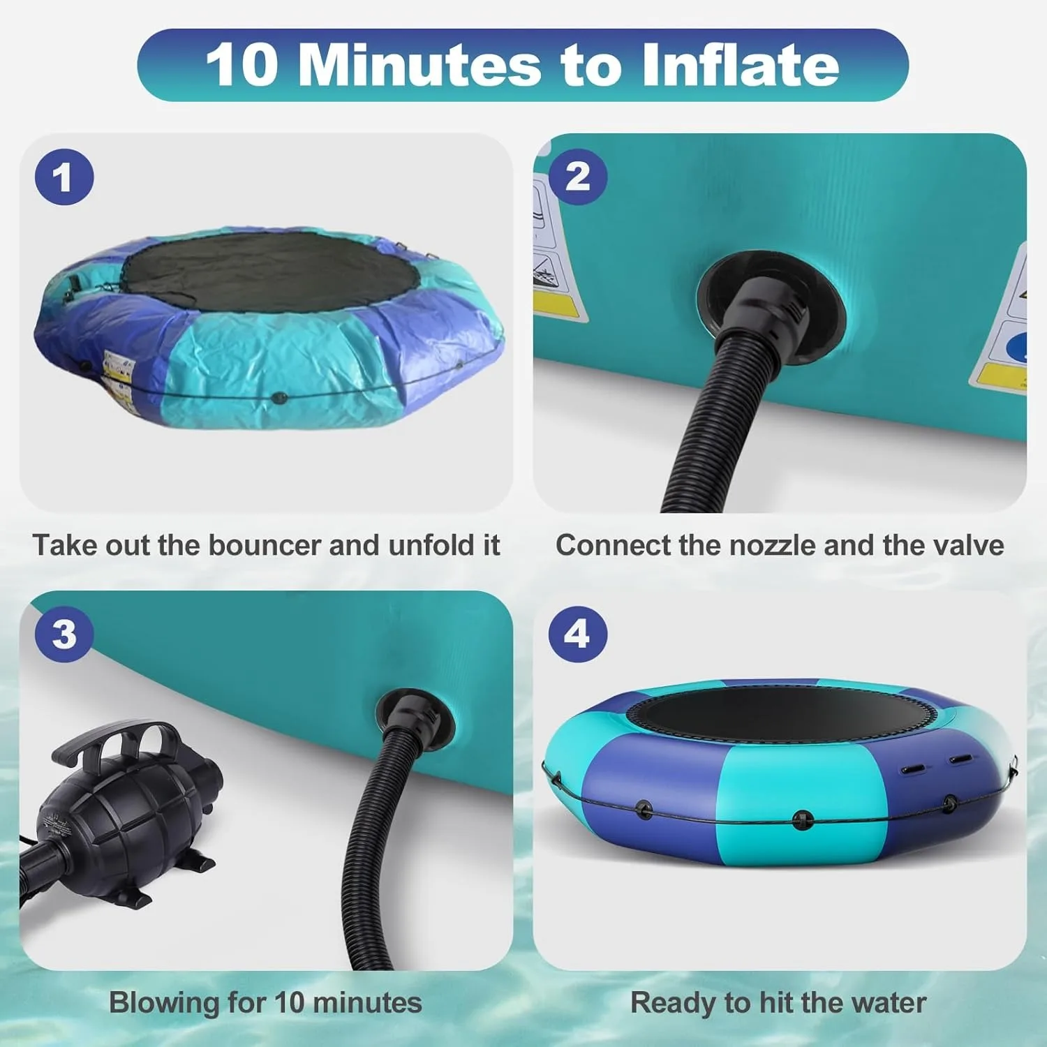 Inflatable Water Trampoline, Recreational Water Bouncer, Adults Youth Floating Rebounder with 4-Step Ladder