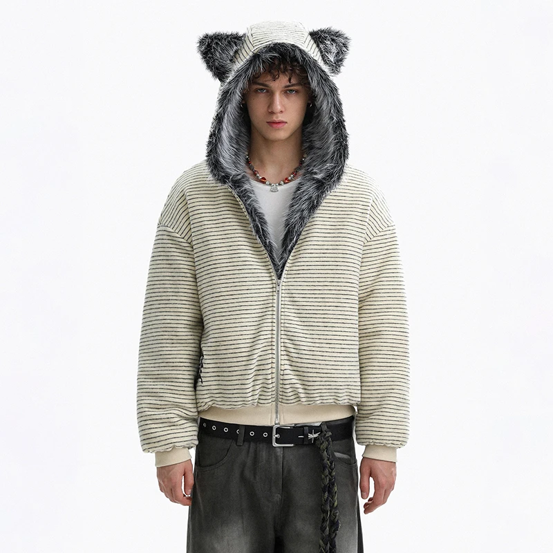 LUZHEN Stripe Print Rabbit Ear Fur Collar Hooded Padded Coat Men's 2026 Winter Fashion High Quality Warm Handsome Parkas JY9364