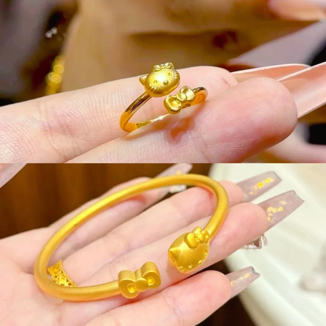 

Женский комплект колец с милым браслетом из 24-каратного золота с котом, AU999 | Браслет в виде лапы с гравировкой «Любовь» и кольцом из камня «кошачий глаз».