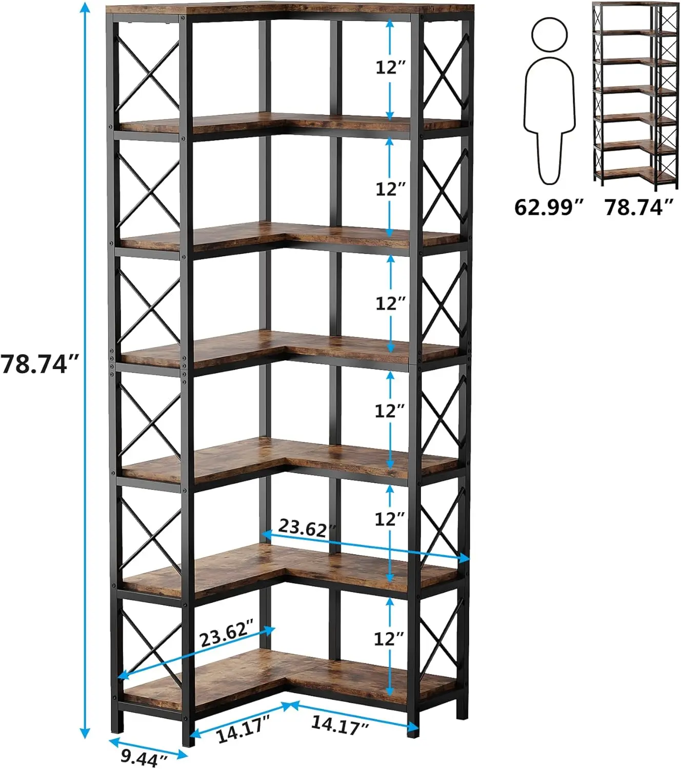 Grande estante de canto moderno, 7 andares Metal Frame, armazenamento Display Rack, adequado para salas e escritórios em casa