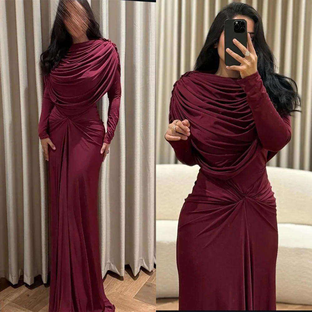 

Customized Mermaid Burgundy Jersey Evening Dress Classic O-Neck Long Sleeves Homecoming Dresses Temperament Vestido De Festa