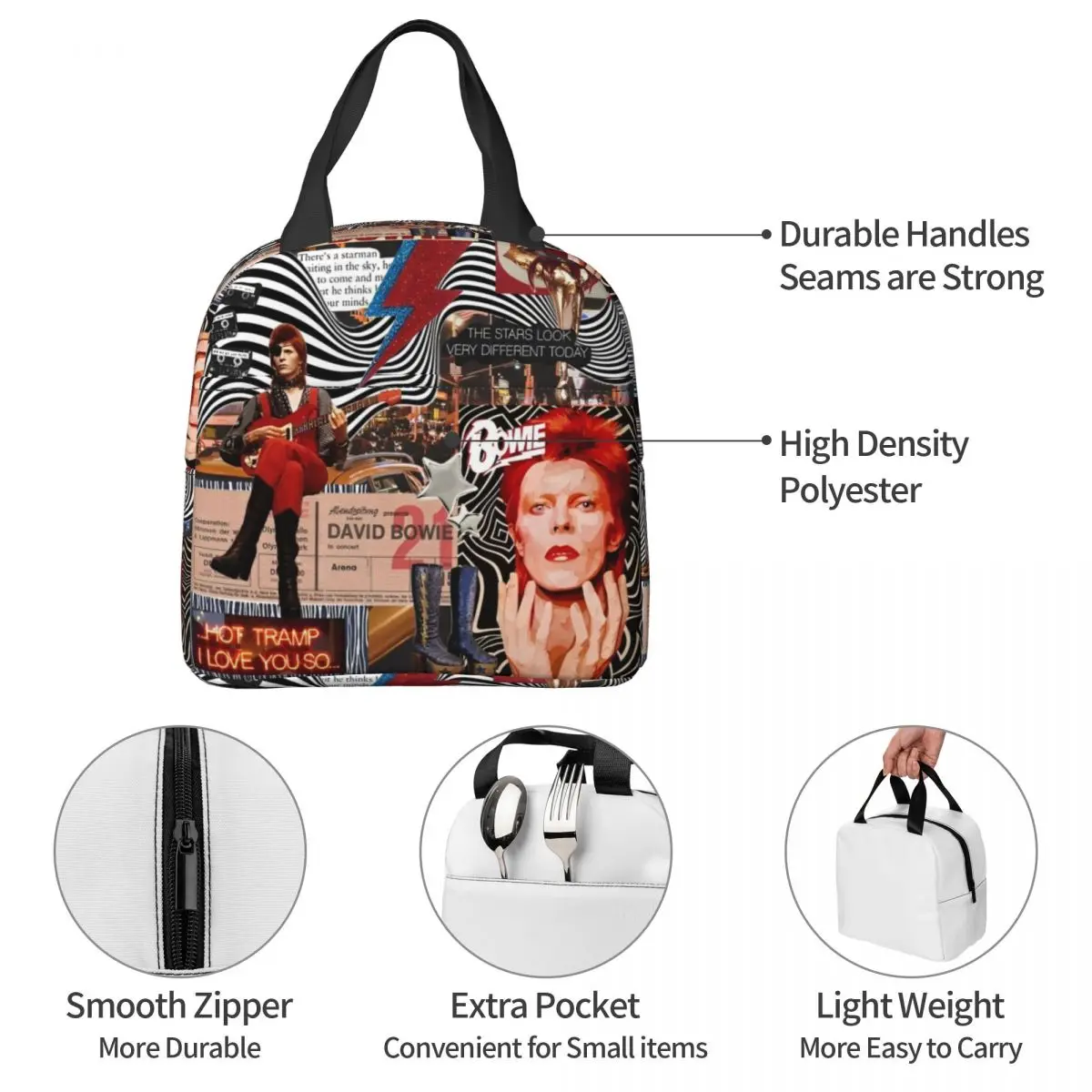 English Singer Actor Insulated Lunch Bags portatile Davids Bowies borsa termica riutilizzabile Tote Lunch Box School Outdoor uomo donna