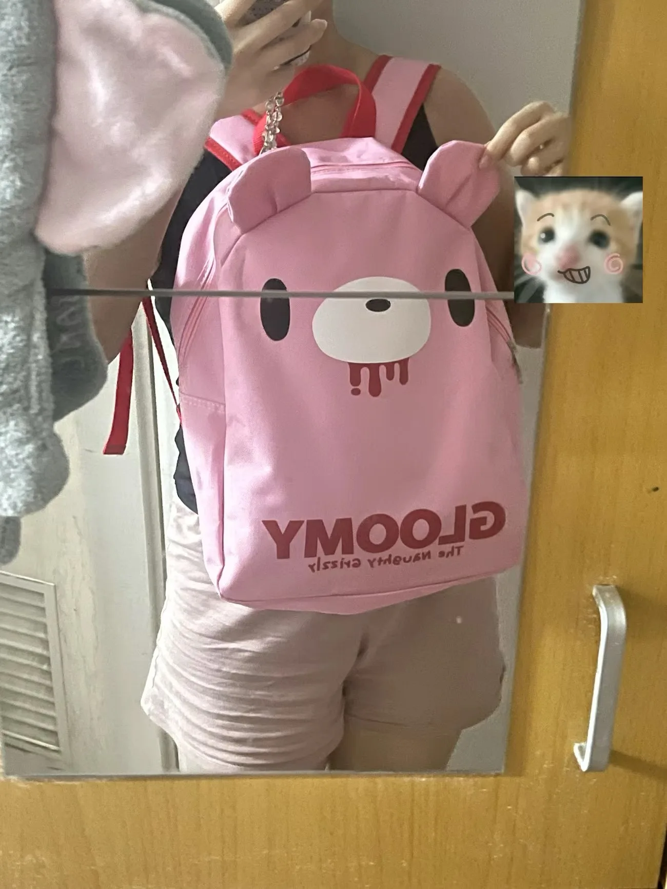 

Pink Bear Graphic Backpack with 3D Ears, Casual Nylon School Bag for Teens