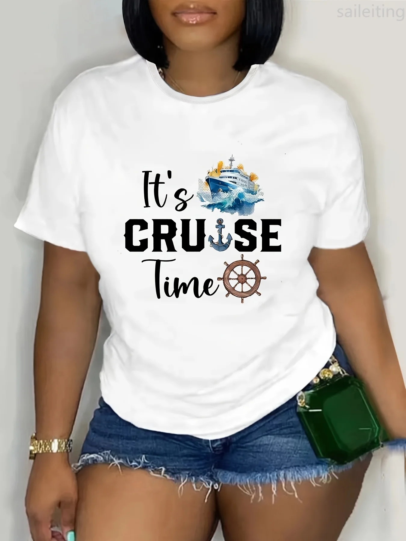 

Cruise Must Haves Круизные футболки Женская футболка с короткими рукавами и рисунком «Cruise Time» с круглым вырезом и рукавами Harajuku Streetwear