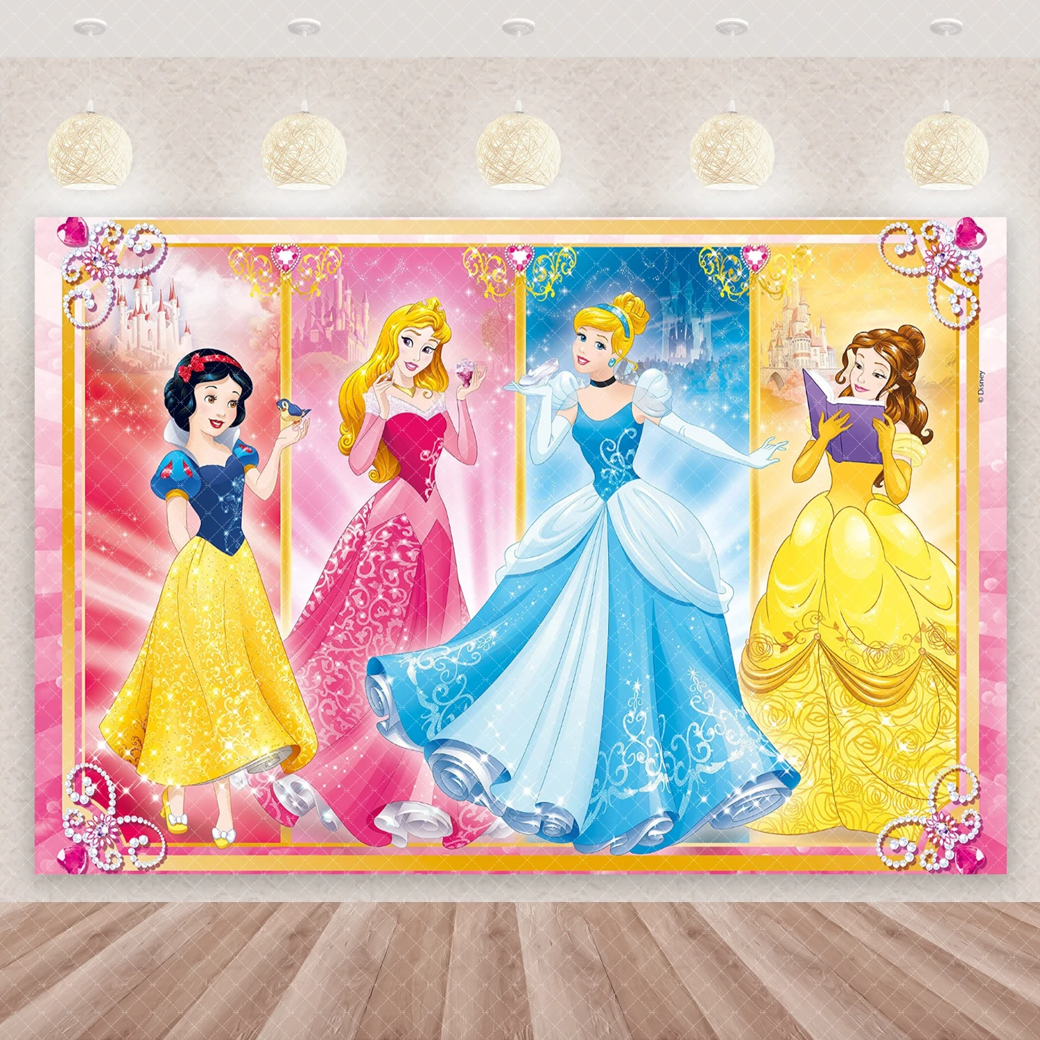 HD Disney Princess Backdrop Snow White Belle Princess Fairy Tale Banner Girl's Birthday Decorations Baby Baptism Party Supplies