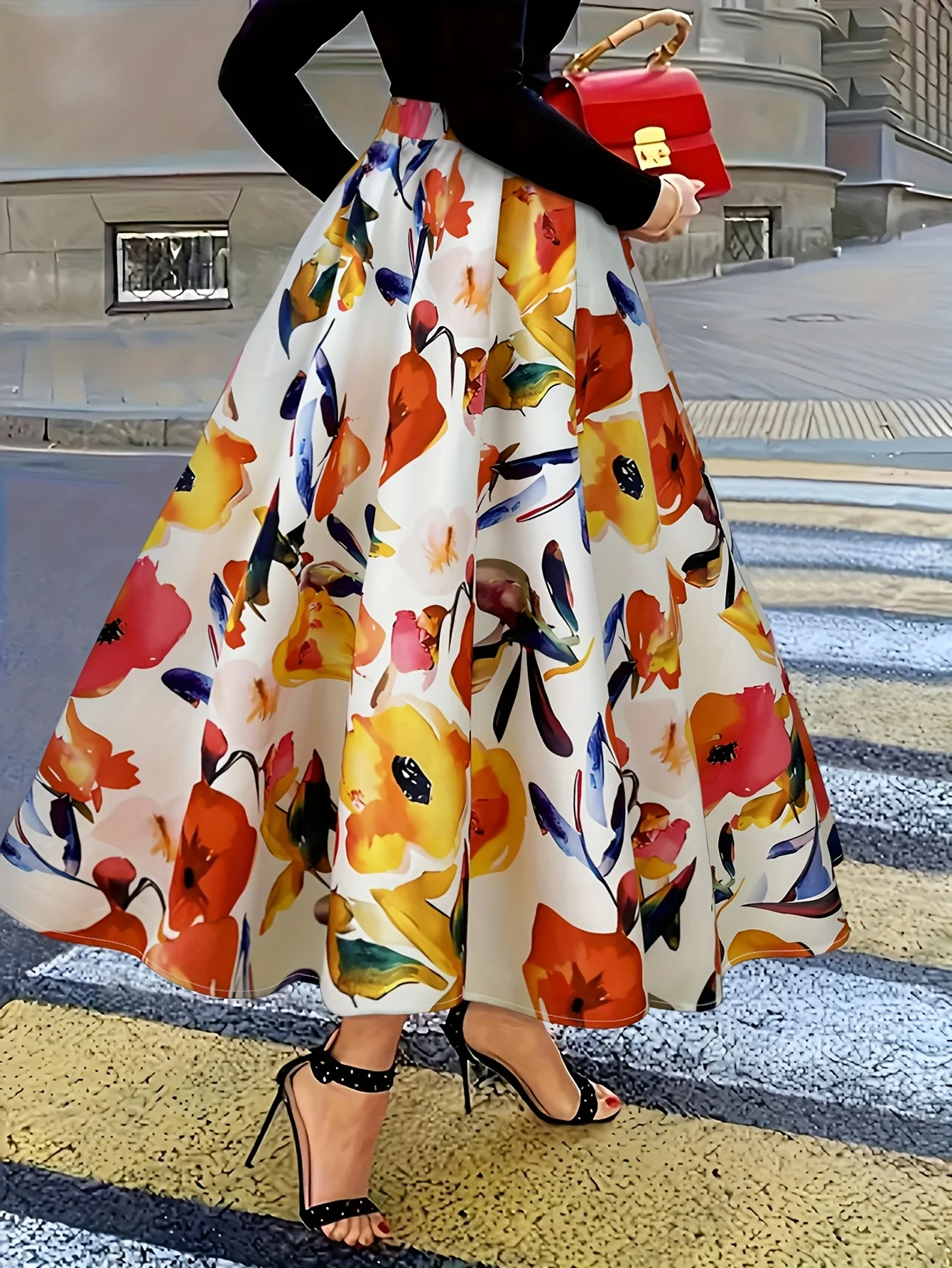 Women Floral & Cartoon Doodle Print Maxi Skirt Elastic High Waist  Flowy Long Skirt Summer Casual Holiday Beach Swing Skirts