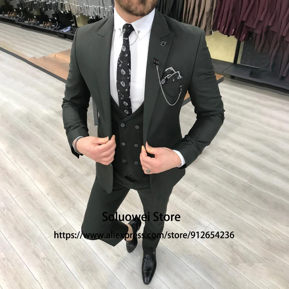 

Suits For Men Fashion Slim Fit 3 Piece Jacket Vest Pants Set Formal Groom Wedding Prom Peaked Lapel Tuxedo Male Business Blazer