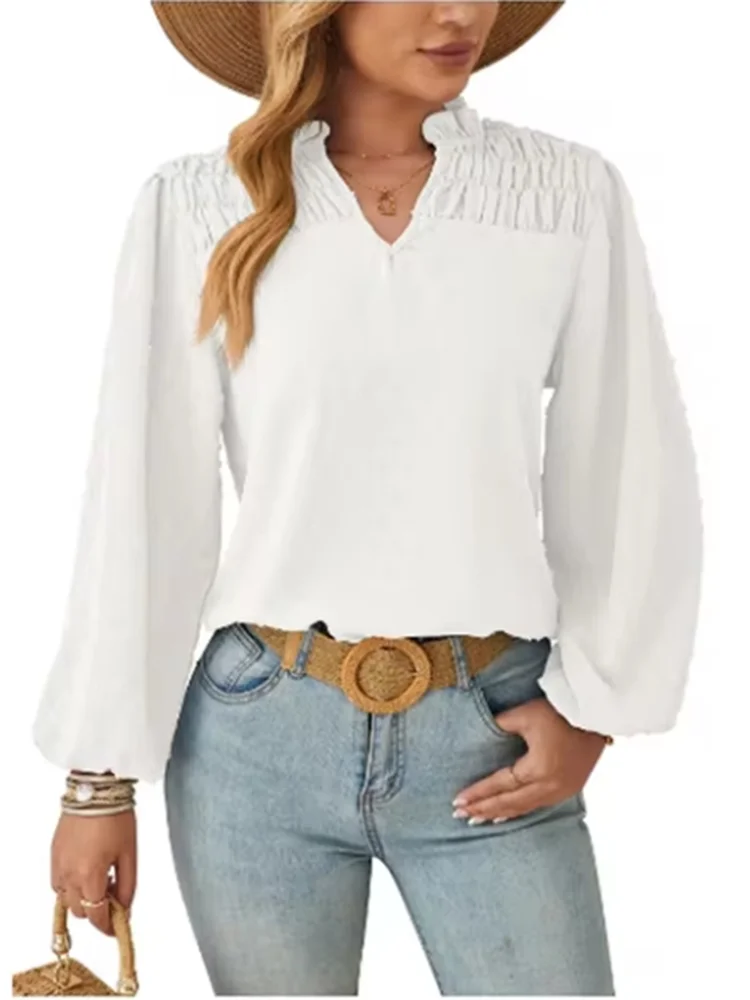 Camiseta monocromática plissada com decote em v feminino, top de manga comprida, versátil, plissada, monocromática, elegante, outono