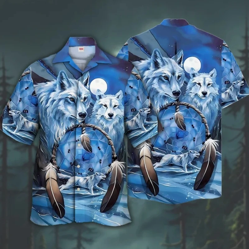 2024 New Wolf Print Cuban Collar Shirt Vintage Men\'s Shirt Street Fashion Oversized Hawaiian Shirts For Men Short Sleeve T-Shirt