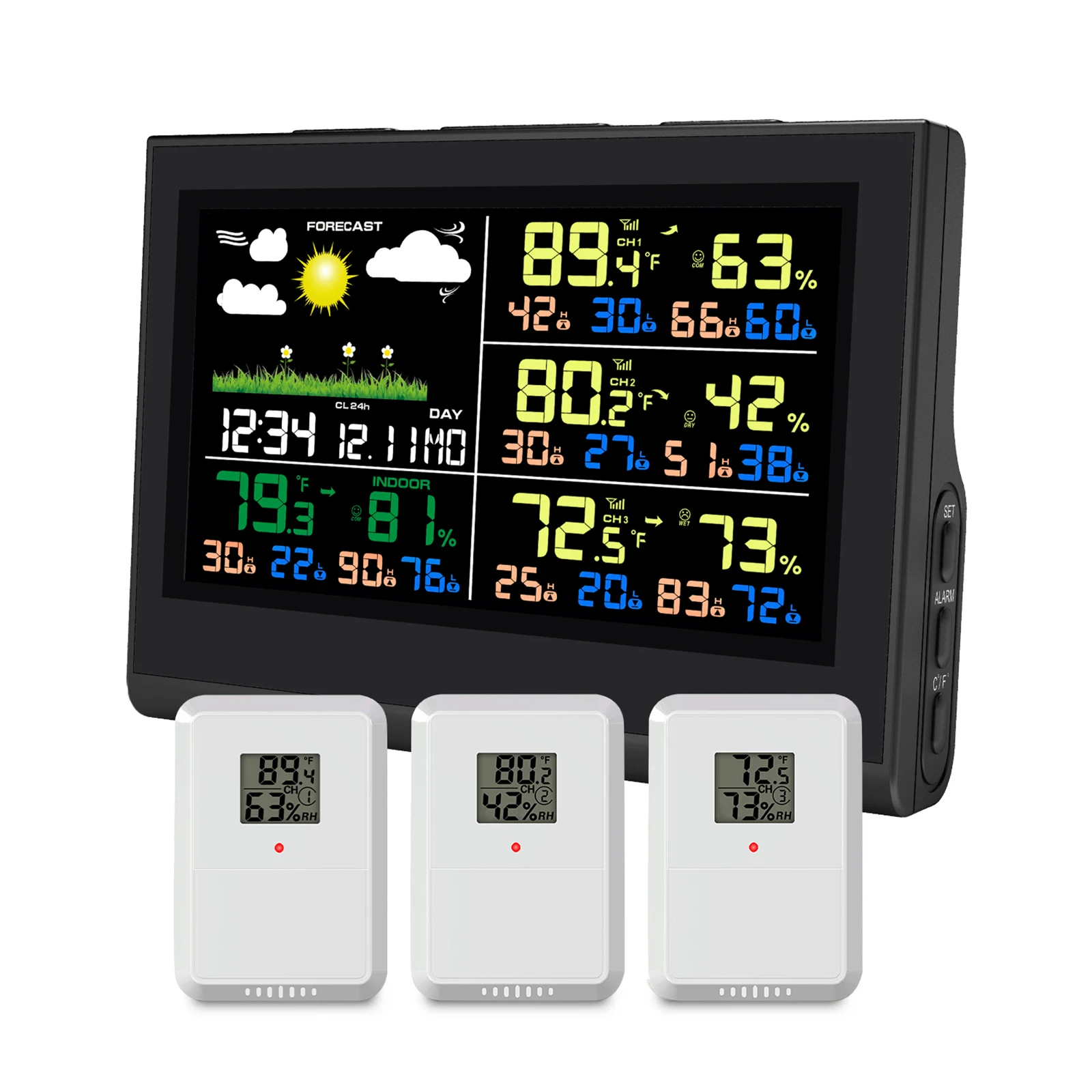 Slim draadloos weerstation met 3-sensoren Groot kleurendisplay Binnen Buiten Digitale thermometer Hygrometer voor thuiskantoor