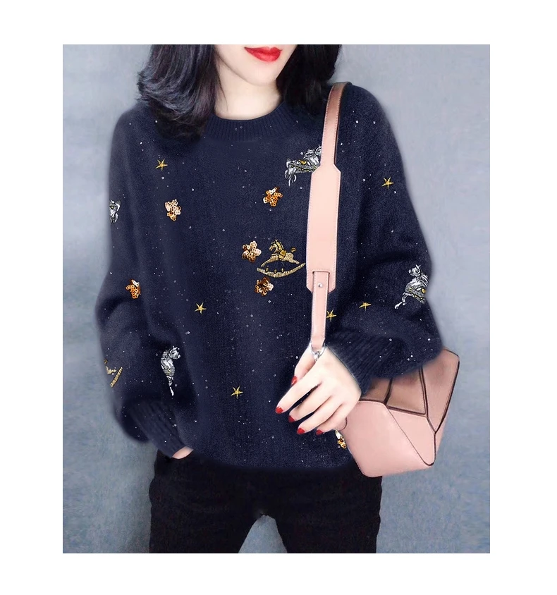 Embroidered Women Sweater 2022 Autumn Winter Long Sleeve O-neck Pullover Knitwear Vintage Fashion Loose Female Women's Jumper